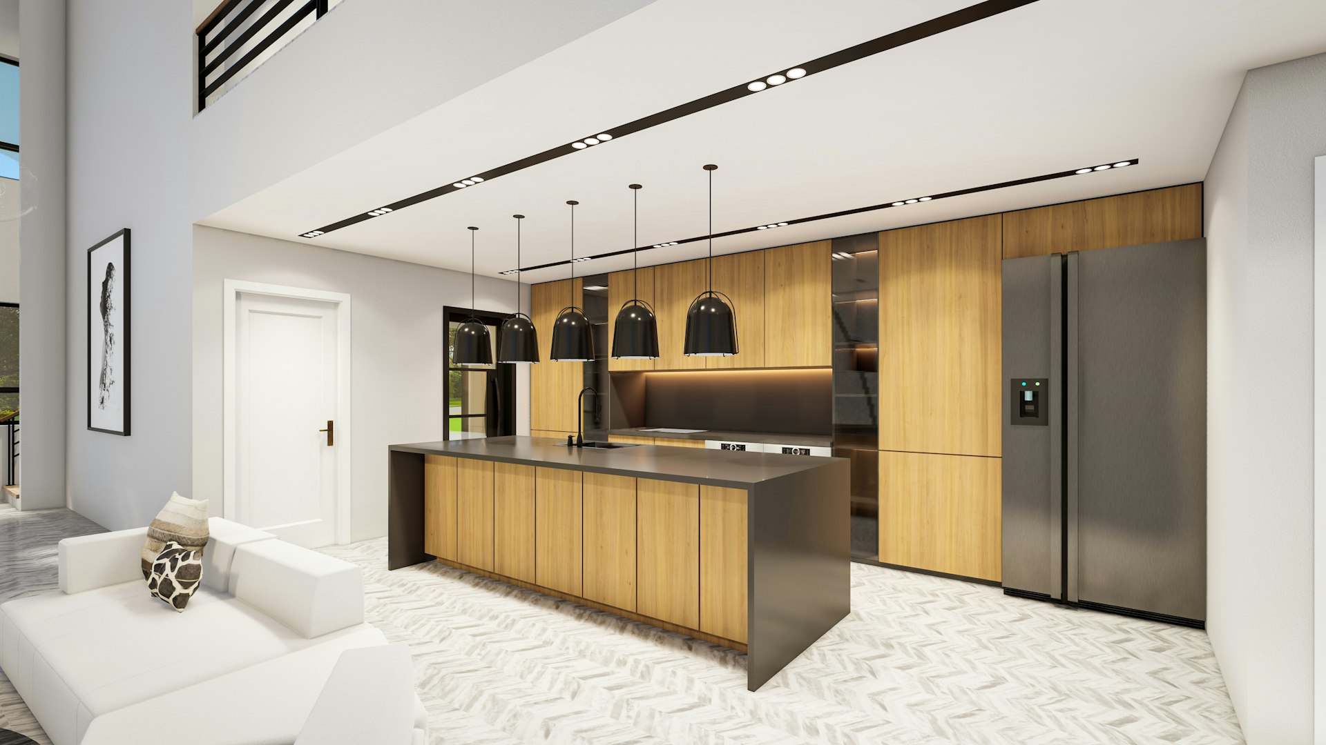 A large kitchen with a center island next to a living room